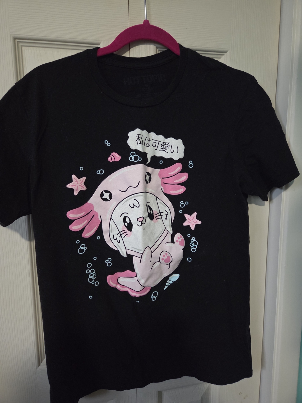 Hot Topic Black Tee with Pink Axolotl Cat Graphic